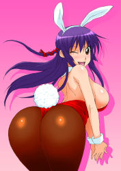 Rule 34 | 1girl, ;d, animal ears, arched back, ass, ass focus, back, bare shoulders, bent over, breasts, brown eyes, choker, fake animal ears, female focus, fingernails, floating hair, hair ornament, isorashi, large breasts, leotard, long hair, looking at viewer, looking back, one eye closed, open mouth, original, own hands clasped, own hands together, pantyhose, playboy bunny, purple hair, rabbit, rabbit ears, rabbit tail, sideboob, silhouette, simple background, smile, solo, standing, tail, wink, wrist cuffs