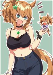 Rule 34 | 1girl, 2girls, animal ears, arm up, black camisole, black choker, blue eyes, blue pants, blue shirt, breasts, brown hair, camisole, choker, cleavage, commentary, cowboy shot, crop top, denim, dual persona, green background, green ribbon, hair ornament, hair ribbon, highres, horse ears, horse girl, horse tail, jeans, jewelry, large breasts, looking at viewer, medium hair, midriff, mini person, minigirl, multiple girls, navel, necklace, notice lines, open clothes, open skirt, outline, pants, ponytail, ribbon, school uniform, serafuku, shirt, short sleeves, skirt, smile, solo, spaghetti strap, standing, star (symbol), star hair ornament, star necklace, taiki shuttle (umamusume), tail, tracen school uniform, umamusume, wahiko (black bastard), white outline, wrist ribbon