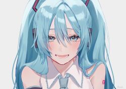 Rule 34 | 1girl, absurdres, aqua eyes, aqua hair, arm tattoo, artist name, blush, commentary request, grey background, hair between eyes, happy, hatsune miku, headphones, highres, hue 0813, long hair, looking at viewer, necktie, open mouth, shirt, signature, simple background, sleeveless, sleeveless shirt, smile, tattoo, tears, teeth, twintails, upper teeth only, vocaloid