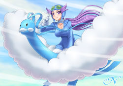Rule 34 | 1girl, altaria, aviator goggles, breasts, cleavage, cleavage cutout, clothing cutout, creatures (company), day, flying, game freak, gen 3 pokemon, gloves, goggles, goggles on head, gym leader, kei (milky well), large breasts, long hair, nintendo, pokemon, pokemon (creature), pokemon rse, purple eyes, purple hair, riding, riding pokemon, salute, sky, smile, very long hair, winona (pokemon)