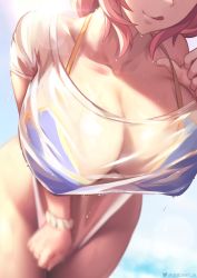 Rule 34 | 1girl, :q, absurdres, bikini, bikini top only, bikini under clothes, blue bikini, blurry, bottomless, bracelet, breasts, cleavage, closed mouth, covering privates, covering crotch, day, depth of field, fate/grand order, fate (series), head out of frame, highres, jewelry, large breasts, leaning forward, lens flare, long hair, off shoulder, outdoors, pink hair, queasy s, see-through, shirt, single bare shoulder, smile, solo, strap lift, sunlight, swimsuit, tamamo (fate), tamamo no mae (fate/extra), tamamo no mae (swimsuit lancer) (fate), tamamo no mae (swimsuit lancer) (second ascension) (fate), tongue, tongue out, twitter username, wet, wet clothes, wet shirt