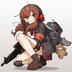Rule 34 | 1girl, amonitto, armband, arms up, assault rifle, bag, bow, bowtie, brown footwear, brown hair, covering own mouth, flower, girls&#039; frontline, gradient background, green eyes, grey jacket, gun, hair bobbles, hair flower, hair ornament, holding, holding gun, holding weapon, holster, howa type 89, howa type 89 (girls&#039; frontline), jacket, knee pads, loafers, long hair, long sleeves, looking at viewer, miniskirt, red skirt, rifle, school bag, shoes, single knee pad, skirt, solo, stuffed animal, stuffed shark, stuffed toy, teddy bear, thigh holster, twintails, weapon