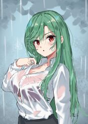 Rule 34 | 1girl, as4gi, azur lane, black skirt, bra, collared shirt, dated, green hair, hand up, highres, light blush, littorio (azur lane), littorio (sitting in the rain) (azur lane), long hair, long sleeves, looking at viewer, office lady, official alternate costume, parted lips, purple bra, rain, red eyes, see-through, see-through shirt, shirt, signature, sketch, skirt, solo, underwear, upper body, water drop, wet, wet clothes, wet shirt, white shirt