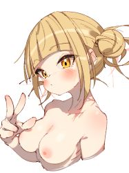 Rule 34 | 1girl, blonde hair, blush, boku no hero academia, breasts, completely nude, hair bun, highres, large breasts, looking at viewer, nude, rasusurasu, short hair, simple background, single hair bun, solo, toga himiko, upper body, w, white background, yellow eyes