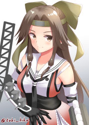 Rule 34 | 1girl, adapted uniform, bandages, breasts, brown eyes, brown hair, cannon, crane (machine), detached sleeves, elbow gloves, eyebrows, forehead, forehead protector, gloves, gradient background, grey background, hachimaki, hair intakes, half updo, headband, jintsuu (kancolle), kantai collection, long hair, looking at viewer, medium breasts, one-hour drawing challenge, sailor collar, sarashi, school uniform, serafuku, skirt, smile, solo, tokyo yamane, torpedo, torpedo launcher, torpedo tubes, turret, upper body, white sailor collar, white skirt
