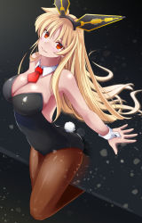 Rule 34 | 1girl, :d, animal ears, arched back, backless outfit, black hairband, black leotard, blonde hair, breasts, brown pantyhose, cleavage, detached collar, fake animal ears, fake tail, fate testarossa, fishnet pantyhose, fishnets, from above, hair between eyes, hairband, highres, large breasts, leotard, long hair, lyrical nanoha, mahou shoujo lyrical nanoha strikers, necktie, open mouth, pantyhose, playboy bunny, rabbit ears, rabbit tail, red eyes, red necktie, short necktie, sideboob, sitting, smile, solo, sougetsu izuki, strapless, strapless leotard, tail, very long hair, wing collar, wrist cuffs