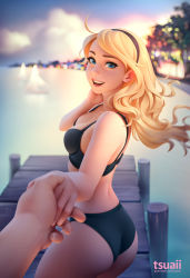 Rule 34 | 1boy, 1girl, black one-piece swimsuit, blonde hair, blue eyes, blush, hairband, hetero, highres, holding hands, league of legends, long hair, looking at viewer, lux (league of legends), one-piece swimsuit, open mouth, smile, summer, swimsuit, tsuaii, underwear