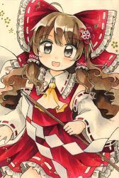 Rule 34 | 1girl, absurdres, ahoge, ascot, black eyes, blush, bow, brown hair, collar, detached sleeves, flower, frilled bow, frilled skirt, frills, gohei, hair bow, hair flower, hair ornament, hair tubes, hakurei reimu, highres, holding, japanese clothes, long hair, looking at viewer, maa (forsythia1729), miko, nontraditional miko, off shoulder, open mouth, red bow, red shirt, red skirt, red vest, shirt, sidelocks, skirt, skirt set, sleeveless, touhou, traditional media, vest, wavy mouth, white collar, wide sleeves, yellow ascot