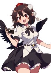Rule 34 | 1girl, :d, belt, bird wings, black belt, black skirt, black wings, breasts, brown eyes, brown hair, camera, collared shirt, cowboy shot, feathered wings, frilled skirt, frills, happy, hat, highres, holding, holding camera, kv-san, open mouth, pointy ears, pom pom (clothes), puffy short sleeves, puffy sleeves, red hat, shameimaru aya, shirt, short sleeves, skirt, small breasts, smile, solo, tokin hat, touhou, white shirt, wings