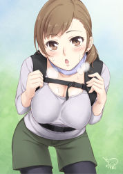 Rule 34 | 1girl, :o, artist name, backpack, bag, black pantyhose, blush, breasts, breath, brown eyes, brown hair, casual, cleavage, heavy breathing, korisei, large breasts, pantyhose under shorts, open mouth, original, pantyhose, shirt, shorts, signature, solo, sweat