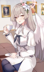 Rule 34 | 1girl, angel wings, black pantyhose, blue archive, blush, cup, dress, feathered wings, feet out of frame, flower, hair between eyes, hair flower, hair ornament, halo, highres, holding, holding cup, light brown hair, long hair, long sleeves, looking at viewer, mi taro333, nagisa (blue archive), open mouth, pantyhose, picture frame, pink halo, sitting, smile, solo, trembling, white dress, white flower, white wings, wings, yellow eyes