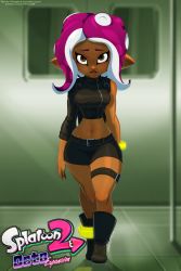 Rule 34 | 1girl, agent 8 (splatoon), ankle boots, anklet, backpack, bag, belt, boots, bracelet, breasts, brown eyes, crop top, dark-skinned female, dark skin, full-length zipper, full body, highres, jewelry, lips, looking at viewer, medium breasts, miniskirt, navel, nintendo, octoling, octoling player character, pink hair, pointy ears, short eyebrows, single sleeve, skirt, sleeveless, solo, splatoon (series), splatoon 2, splatoon 2: octo expansion, tentacle hair, thigh strap, thighs, tovio rogers, walking, zipper