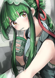 Rule 34 | 1girl, absurdres, bare shoulders, bendy straw, cup, disposable cup, drinking straw, drinking straw in mouth, eyes visible through hair, green hair, green hairband, hair ribbon, hairband, hand up, highres, holding, holding cup, long hair, looking at viewer, microa, orange eyes, red ribbon, ribbon, sidelocks, solo, stairs, touhoku zunko, vocaloid, voiceroid