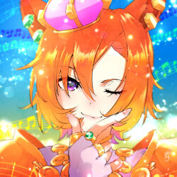 Rule 34 | 1girl, animal ears, armor, artist logo, asymmetrical bangs, beamed eighth notes, blue background, closed mouth, crown, ear piercing, eighth note, hand on own chin, hand up, highres, horse ears, jewelry, lens flare, looking at viewer, multiple rings, musical note, nishioki tama, one eye closed, orange hair, piercing, portrait, purple eyes, ring, short hair, shoulder armor, solo, staff (music), t.m. opera o (umamusume), umamusume
