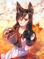 1girl absurdres animal_ears autumn autumn_leaves brown_hair dress dungeon_toaster fang food fruit gem grapes hair_between_eyes hands_up highres huge_filesize imaizumi_kagerou jewelry leaf long_hair long_sleeves looking_at_viewer maple_leaf mushroom nail_polish open_mouth orange_eyes red_dress red_nails shadow smile solo tail touhou tree white_dress white_sleeves wide_sleeves wolf_ears wolf_tail