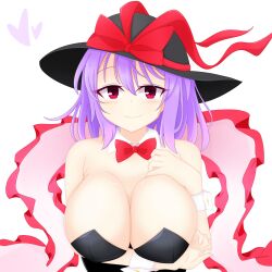 Rule 34 | 1girl, alternate costume, arm under breasts, black hat, black leotard, bow, breasts, cleavage, closed mouth, detached collar, frilled shawl, frills, hat, hat bow, heart, highres, large breasts, leotard, looking at viewer, nagae iku, purple hair, red bow, red eyes, shawl, short hair, shunki, simple background, smile, solo, touhou, white background, wrist cuffs
