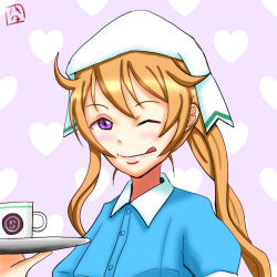 Rule 34 | 1girl, ;), ;p, apron, aqua shirt, artist name, artist request, blush, breasts, brown hair, buttons, collared shirt, cup, female focus, hair between eyes, holding, holding plate, konoe kanata, long hair, looking at viewer, love live!, love live! nijigasaki high school idol club, one eye closed, parted lips, plate, puffy short sleeves, puffy sleeves, purple eyes, shirt, short sleeves, small breasts, smile, solo, teacup, tongue, tongue out, upper body, white apron, wink, zero mozzarella