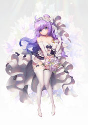 Rule 34 | 1girl, absurdres, ahoge, azur lane, bare shoulders, blush, bouquet, closed mouth, collarbone, dress, elbow gloves, flower, full body, garter straps, gloves, hair between eyes, hair bun, highres, holding, holding bouquet, holding stuffed toy, looking away, purple eyes, purple hair, single hair bun, single side bun, solo, stuffed animal, stuffed toy, stuffed unicorn, stuffed winged unicorn, thighhighs, unicorn (azur lane), wedding dress, white dress, white gloves, white thighhighs, y.i. (lave2217)