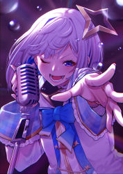 Rule 34 | 1girl, amane kanata, blue eyes, blue hair, bob cut, colored inner hair, eyelashes, halo, high collar, highres, hololive, jacket, long sleeves, looking at viewer, microphone, mikan (chipstar182), multicolored hair, music, one eye closed, outstretched hand, pink hair, reaching, reaching towards viewer, short hair, silver hair, singing, single hair intake, smile, solo, star halo, streaked hair, teeth, turtleneck, v-shaped eyebrows, virtual youtuber, water drop