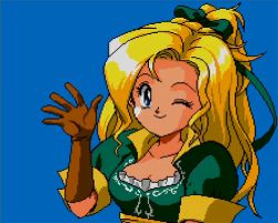 Rule 34 | 1girl, aged up, blonde hair, blue background, castlevania (series), castlevania: rondo of blood, castlevania: symphony of the night, happy, long hair, looking at viewer, lowres, maria renard, one eye closed, parody, simple background, smile, solo, style parody, wink