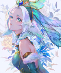 Rule 34 | 1girl, bare shoulders, breasts, detached sleeves, faerie court lillia, flower, from side, gem, green eyes, green shirt, hair ornament, highres, league of legends, lillia (league of legends), long hair, medium breasts, nyaamen fork, shirt, solo, teeth, twintails, upper body, white hair, wings