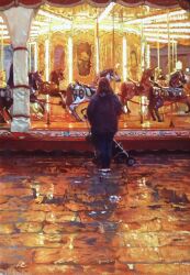 Rule 34 | 1girl, absurdres, baby carrier, brick floor, carousel, faceless, faceless female, from behind, highres, naohiro ito, original, puddle, reflective floor, scenery, solo