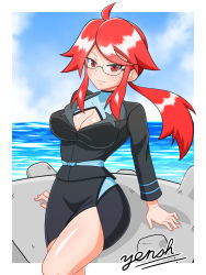 Rule 34 | 1girl, ahoge, black shirt, black skirt, blush, breasts, cleavage, cleavage cutout, clothing cutout, commentary request, creatures (company), day, elite four, game freak, gen 1 pokemon, glasses, lapras, large breasts, light blush, long hair, looking at viewer, lorelei (pokemon), nintendo, ocean, pokemon, pokemon (creature), pokemon lgpe, ponytail, red eyes, red hair, shirt, sidelocks, signature, skirt, sky, water, yensh