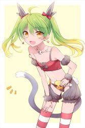 Rule 34 | ahoge, alternate skin color, bare shoulders, belt, blonde hair, bustier, child, crop top, earrings, fang, flat chest, gradient hair, green hair, hair between eyes, highres, jewelry, lingerie, looking at viewer, midriff, multicolored hair, navel, necklace, open mouth, panties, ricotta (ys), sano (merrymerry), solo, standing, star (symbol), star earrings, strap slip, striped clothes, striped thighhighs, tail, thighhighs, thighs, twintails, underwear, wardrobe malfunction, yellow eyes, ys, ys viii lacrimosa of dana