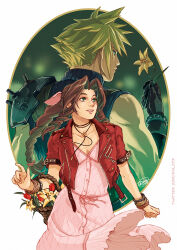 Rule 34 | 1boy, 1girl, aerith gainsborough, armor, art nouveau, back-to-back, bangle, basket, black gloves, blonde hair, blue eyes, blue shirt, bracelet, braid, braided ponytail, breasts, brown hair, choker, cleavage, cloud strife, cowboy shot, cropped jacket, diana mercolini, dress, facing away, final fantasy, final fantasy vii, final fantasy vii remake, flower, flower basket, flower choker, framed, gloves, green background, green eyes, hair ribbon, highres, holding, holding basket, holding flower, jacket, jewelry, lily (flower), long dress, long hair, looking to the side, medium breasts, parted bangs, parted lips, pink dress, pink ribbon, red flower, red jacket, ribbon, sharp teeth, shirt, short hair, short sleeves, shoulder armor, sidelocks, signature, single bare shoulder, sleeveless, sleeveless turtleneck, smile, square enix, suspenders, teeth, toned, toned male, tulip, turtleneck, twitter username, wavy hair, yellow flower