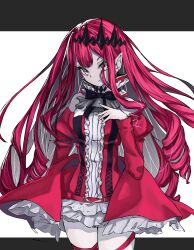 Rule 34 | 1girl, baobhan sith (fate), baobhan sith (first ascension) (fate), bare shoulders, breasts, detached sleeves, dress, drill hair, earrings, fang, fate/grand order, fate (series), frilled dress, frills, grey background, grey eyes, hair ornament, hand on own chest, hand up, highres, jewelry, lechiennoir, long hair, looking at viewer, pink hair, pointy ears, red dress, sidelocks, solo, two-tone background, white background