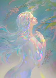 Rule 34 | 1girl, blue background, blue eyes, braid, cloudy.zy, completely nude, cowboy shot, faux traditional media, final fantasy, final fantasy xiv, floating hair, flower, from side, glint, half updo, hand up, highres, iridescent, leaf, long hair, looking afar, looking up, nude, painterly, pink flower, realistic, single braid, smile, solo, standing, venat (ff14), wavy hair, white hair