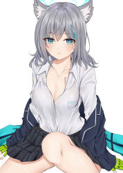 Rule 34 | 1girl, absurdres, animal ears, aqua eyes, black skirt, blue archive, breasts, cleavage, collarbone, fingerless gloves, gloves, grey hair, hair ornament, highres, light blush, long sleeves, looking at viewer, medium hair, moriyama a, no bra, open clothes, open shirt, parted lips, plaid, plaid skirt, school uniform, shiroko (blue archive), shirt, sitting, skirt, sleeves past wrists, solo, thighs, translation request, white shirt, x hair ornament