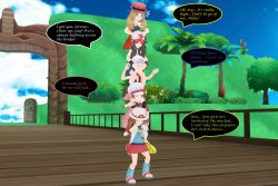 Rule 34 | 3d, 5girls, anger vein, baseball cap, beanie, black thighhighs, blue eyes, blue hair, blue socks, boots, bracelet, bridge, carrying, cloud, commentary, covering another&#039;s eyes, creatures (company), dawn (pokemon), day, dogpile, english commentary, english text, fence, flying sweatdrops, game freak, hands on another&#039;s head, hat, hat ribbon, highres, hilda (pokemon), human tower, jewelry, leaf (pokemon), long hair, loose socks, lyra (pokemon), multiple girls, nintendo, one eye closed, outdoors, palm tree, piggyback, pink footwear, pink headwear, pokemon, pokemon bw, pokemon dppt, pokemon frlg, pokemon hgss, pokemon xy, red ribbon, red skirt, ribbon, serena (pokemon), shirt, shoes, shoulder carry, shoulderridelife, skirt, sky, socks, speech bubble, stacking, standing, teamwork, thighhighs, tree, vest, white headwear, white thighhighs, wristband