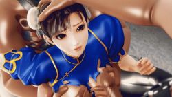Rule 34 | 1girl, 2boys, 3d, @oz, animated, animated gif, grabbing another&#039;s breast, breasts, brown eyes, brown hair, capcom, censored, chun-li, cum, facial, fellatio, grabbing, hand on another&#039;s head, multiple boys, oral, pov, street fighter