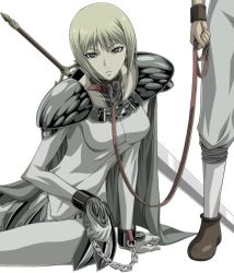 Rule 34 | 00s, 1girl, 1other, armor, bdsm, blade, blonde hair, bondage, bound, breasts, chain, clare (claymore), claymore (series), claymore (sword), collar, cuffs, grey eyes, leash, lowres, pauldrons, shackles, short hair, shoulder armor, shoulder pads, simple background, sitting, sword, takapico, takapiko, weapon, white background