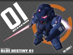 Rule 34 | blue destiny 01, chibi, energy sword, gundam, gundam side story: the blue destiny, mecha, robot, shield, sword, volf505, weapon