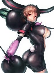 Rule 34 | 00s, 1girl, :d, animal ears, ass, bodysuit, breasts, brown hair, brown legwear, center opening, club (weapon), covered erect nipples, cowboy shot, dual wielding, elbow gloves, fumio (rsqkr), getsumento heiki miina, gloves, high collar, holding, horns, huge ass, huge breasts, koushuu suiren, large breasts, looking back, magical girl, midriff, no bra, ootsuki mina, open mouth, over shoulder, pinky out, rabbit ears, rabbit tail, red eyes, seductive smile, short hair, short sleeves, simple background, smile, solo, spiked hair, standing, tail, underboob, unzipped, weapon, white background