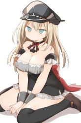 Rule 34 | 10s, 1girl, bad id, bad pixiv id, bare shoulders, bismarck (kancolle), blonde hair, blue eyes, breasts, cleavage, dirndl, dress, german clothes, hat, highres, kantai collection, large breasts, long hair, murakami meishi, peaked cap, pout, sitting, solo