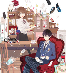 Rule 34 | 1boy, 1girl, black hair, blue eyes, book, brown eyes, brown hair, chair, cup, drinking glass, envelope, fire extinguisher, glasses, holding, holding cup, holding plate, ice, ice cube, looking at another, looking at viewer, motor vehicle, motorcycle, okazaki oka, open book, open mouth, original, plate, semi-rimless eyewear, sitting, smile, tea, teacup