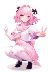 Rule 34 | 1boy, absurdres, astolfo (fate), astolfo (sailor paladin) (fate), black bow, black footwear, black ribbon, bow, braid, commentary, cropped shirt, fate/grand order, fate (series), full body, grin, hair bow, hair intakes, hair ribbon, highres, loafers, long braid, long hair, looking at viewer, lucitan, male focus, midriff peek, miniskirt, multicolored hair, navel, neckerchief, official alternate costume, pink hair, pink neckerchief, pink sailor collar, pink skirt, pleated skirt, purple eyes, ribbon, sailor collar, school uniform, serafuku, shirt, shoes, short sleeves, single braid, skirt, smile, solo, squatting, streaked hair, thighhighs, toned, toned male, trap, v, white hair, white shirt, white thighhighs