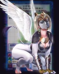 Rule 34 | armor, bodysuit, breasts, card, card background, cat tail, cleavage, cosplay, digimon, fingerless gloves, gauntlets, gloves, humanization, mask, nefertimon, squatting, tail, wings