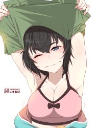 Rule 34 | 1girl, armpits, arms up, artist logo, artist name, black eyes, black hair, blush, bow, bow bra, bra, breasts, cleavage, closed mouth, clothes lift, commentary, dated, frown, girls und panzer, half-closed eye, highres, large breasts, leaning to the side, lifting own clothes, medium hair, messy hair, motion lines, one-hour drawing challenge, one eye closed, oryou (girls und panzer), pink bra, shiroobi (whitebeltmaster), shirt lift, solo, sweat, sweatdrop, underwear, undressing, wavy mouth, wince