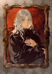 Rule 34 | 1boy, animal, animal hug, bishounen, black robe, chair, closed mouth, ensemble stars!, grey hair, hands up, jewelry, long hair, long sleeves, male focus, picture frame, portrait (object), ran nagisa, red background, red eyes, ring, robe, rrr (reason), sheep, sitting, upper body, wallpaper (object), wavy hair