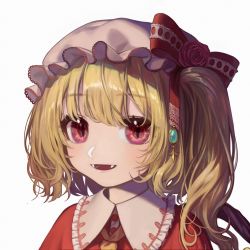 Rule 34 | 1girl, blonde hair, bow, commentary request, crystal, dress, fangs, flandre scarlet, flower, frilled shirt collar, frills, hair between eyes, hair bow, hat, highres, light blush, looking at viewer, mob cap, one side up, pink hat, portrait, ranunculus, red bow, red dress, red eyes, red flower, short hair, simple background, solo, teruteru (teru teru), touhou, white background, wings, yellow neckwear