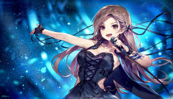 Rule 34 | 1girl, :d, ainy, bad id, bad pixiv id, bare shoulders, black gloves, black ribbon, breasts, brown eyes, brown hair, collarbone, fingerless gloves, floating hair, gloves, hair ribbon, holding, holding microphone, idolmaster, idolmaster cinderella girls, long hair, looking at viewer, matsunaga ryo, medium breasts, microphone, open mouth, outstretched arm, ribbon, sleeveless, smile, solo, standing, very long hair