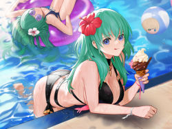 Rule 34 | 2girls, alternate costume, ass, ball, beachball, bikini, black bikini, blue bikini, blue eyes, breasts, byleth (female) (fire emblem), byleth (female) (summer) (fire emblem), byleth (fire emblem), chibi, closed mouth, dimitri alexandre blaiddyd, eating, enlightened byleth (female), fire emblem, fire emblem: three houses, fire emblem heroes, flower, food, glasses, hair between eyes, hair flower, hair ornament, hibiscus, holding, holding food, ice cream, ice cream cone, in water, innertube, large breasts, long hair, looking at viewer, multiple girls, nintendo, official alternate costume, partially submerged, peach luo, pool, red flower, small breasts, sothis (fire emblem), swim ring, swimsuit, tongue, tongue out, water, wet, white flower