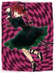 Rule 34 | 1girl, animal ears, braid, cat ears, cat girl, cat tail, dress, fang, female focus, full body, hair ribbon, kaenbyou rin, multiple tails, natsume (menthol), natsume (pixiv), red eyes, red hair, ribbon, solo, tail, touhou, twin braids, twintails