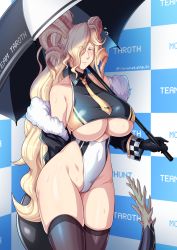 Rule 34 | 1girl, arm behind back, bare shoulders, black gloves, black jacket, black thighhighs, blonde hair, breasts, cameltoe, cleft of venus, closed mouth, clothing cutout, dragon girl, dragon horns, fur-trimmed jacket, fur trim, gloves, groin, highleg, highleg leotard, highres, holding, holding umbrella, horns, huge breasts, jacket, kulve taroth, legs together, leotard, long hair, long sleeves, looking at viewer, monster girl, monster hunter, monster hunter: world, monster hunter (series), necktie, off shoulder, open clothes, open jacket, pointy ears, race queen, solo, standing, sweat, tail, thighhighs, thighs, umbrella, underboob, underboob cutout, very long hair, wavy hair, yamanata, yellow eyes, yellow necktie