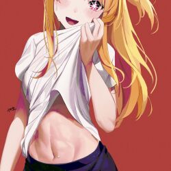 Rule 34 | 1girl, blonde hair, blush, commentary, head out of frame, highres, hoshino ruby, lifting own clothes, light particles, long hair, looking at viewer, navel, not forever2w, one side up, open mouth, oshi no ko, pink eyes, red background, shirt, sidelocks, signature, smile, solo, star-shaped pupils, star (symbol), sweat, symbol-only commentary, symbol-shaped pupils, teeth, upper teeth only, white shirt, wiping sweat