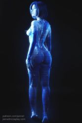Rule 34 | 1girl, ass, back, barefoot, blue eyes, blue hair, blue hologram, blue skin, breasts, colored skin, cortana, cosplay, from behind, halo (game), halo (series), halo 4, hologram, jannet vinogradova, looking back, nude, photo (medium), real life, short hair, solo, walking